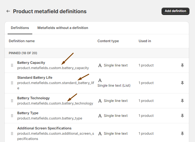 List of Metafield Keys