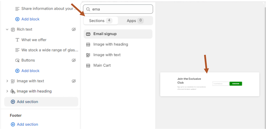 Section Options and Preview